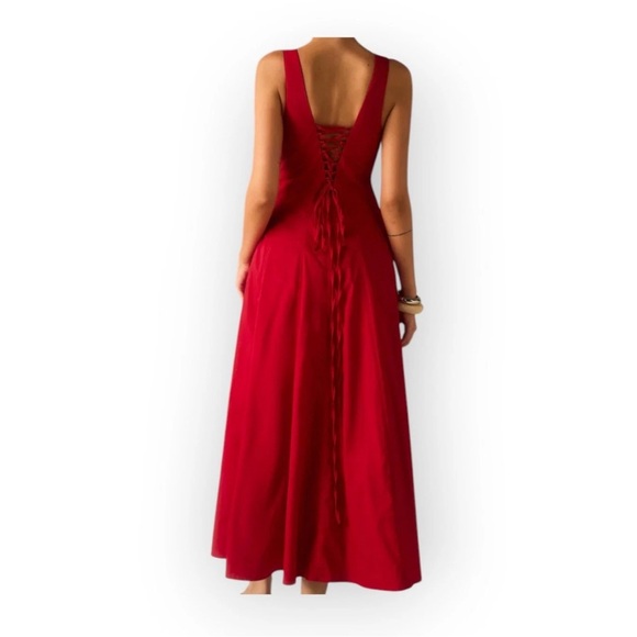 New commense Red Maxi Dress Square Neck Lace-Up Corset Back Size large - Picture 6 of 13